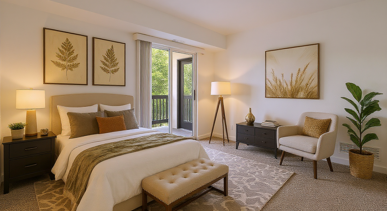 a bedroom with a large bed and a balcony at The Residences at Bear Creek