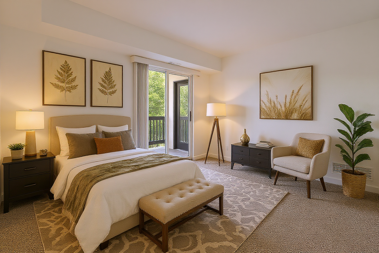 a bedroom with a large bed and a balcony at The Residences at Bear Creek