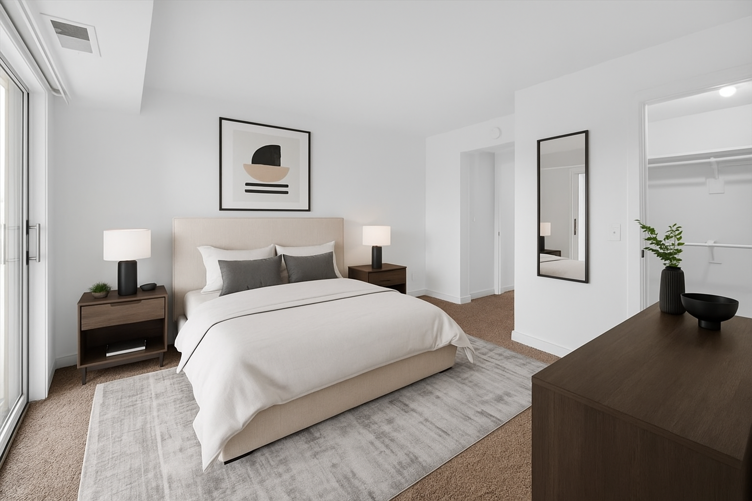 a rendering of a bedroom with a bed and a dresser at The Residences at Bear Creek