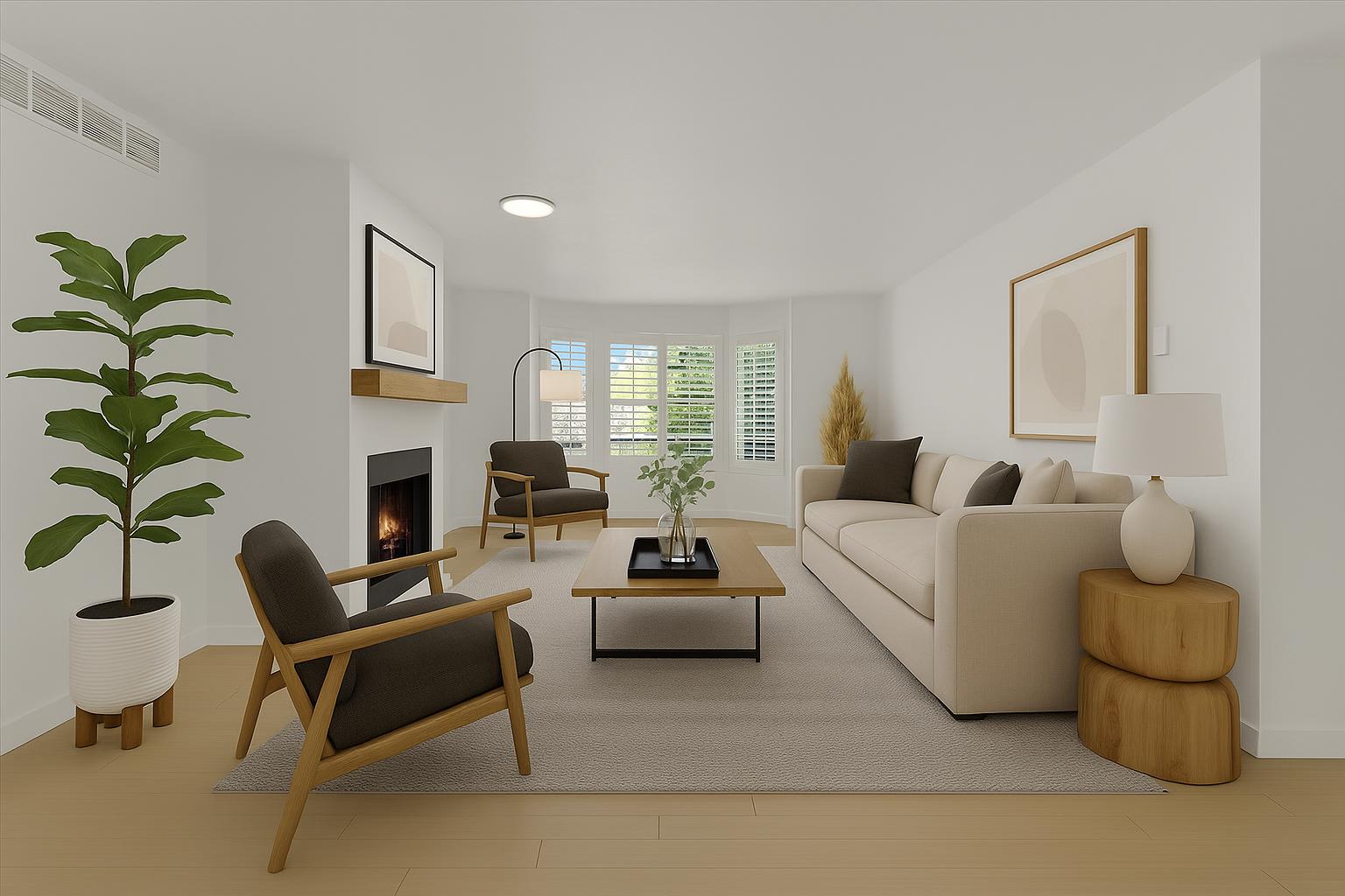 a 3d rendering of a living room with a fireplace at The Residences at Bear Creek